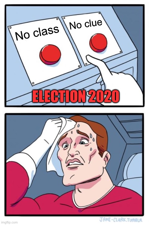 Two Buttons Meme | No clue; No class; ELECTION 2020 | image tagged in memes,two buttons | made w/ Imgflip meme maker