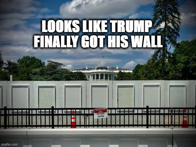 Trump's Wall | LOOKS LIKE TRUMP 
FINALLY GOT HIS WALL | image tagged in trump,wall,people's house,white house | made w/ Imgflip meme maker