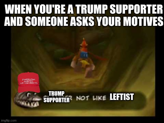 x not like y | WHEN YOU'RE A TRUMP SUPPORTER AND SOMEONE ASKS YOUR MOTIVES; TRUMP SUPPORTER; LEFTIST | image tagged in x not like y | made w/ Imgflip meme maker