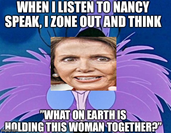 emperor new groove | WHEN I LISTEN TO NANCY SPEAK, I ZONE OUT AND THINK; ”WHAT ON EARTH IS HOLDING THIS WOMAN TOGETHER?” | image tagged in emperor new groove | made w/ Imgflip meme maker