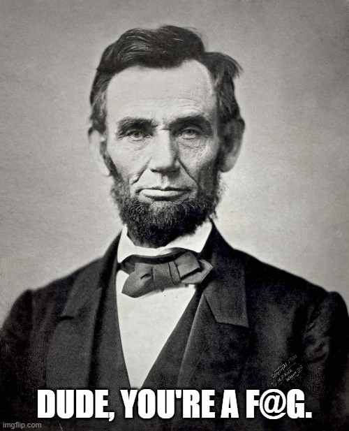 Abraham Lincoln | DUDE, YOU'RE A F@G. | image tagged in abraham lincoln | made w/ Imgflip meme maker