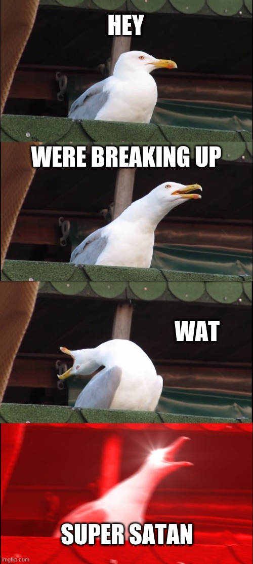 Inhaling Seagull | HEY; WERE BREAKING UP; WAT; SUPER SATAN | image tagged in memes,inhaling seagull | made w/ Imgflip meme maker