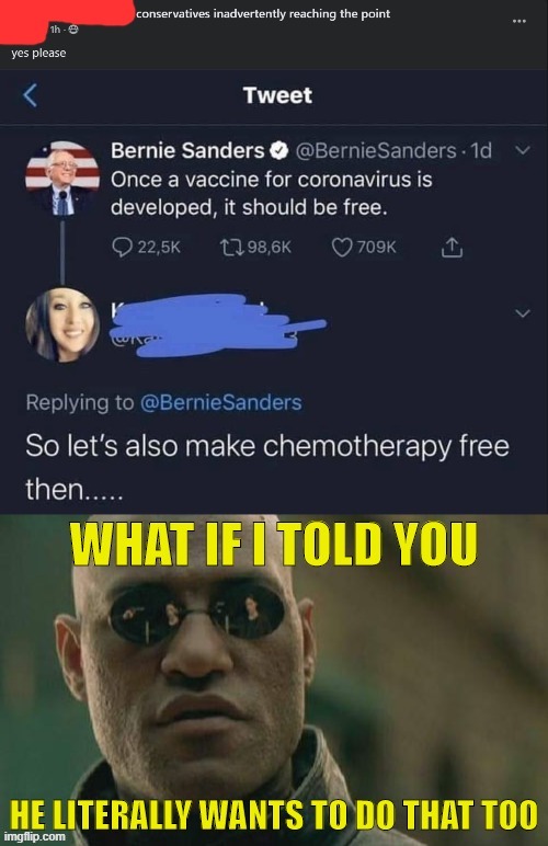 [Outstanding move, oh ye who attempted to Twitter dunk Bernie] | image tagged in conservative logic,bernie sanders,health care,covid-19,coronavirus,healthcare | made w/ Imgflip meme maker