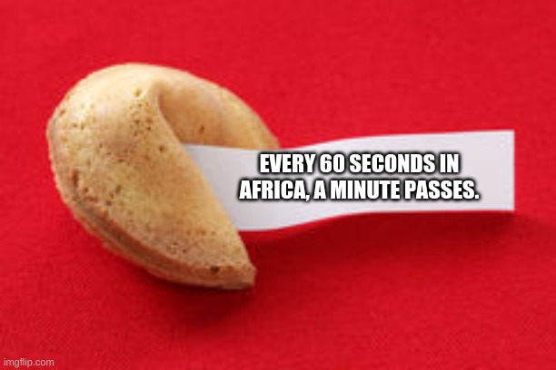 fortune cookie  | EVERY 60 SECONDS IN AFRICA, A MINUTE PASSES. | image tagged in fortune cookie | made w/ Imgflip meme maker