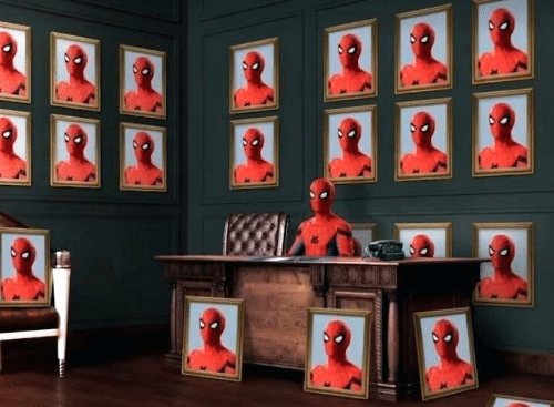 Spiderman desk with pictures Blank Meme Template