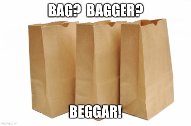 Paper Bags | BAG?  BAGGER? BEGGAR! | image tagged in paper bags | made w/ Imgflip meme maker