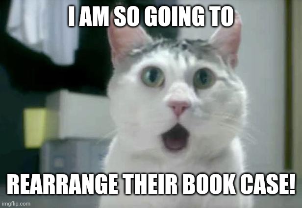 OMG Cat Meme | I AM SO GOING TO REARRANGE THEIR BOOK CASE! | image tagged in memes,omg cat | made w/ Imgflip meme maker