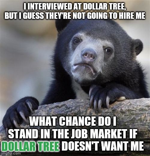 Confession Bear Meme | I INTERVIEWED AT DOLLAR TREE, BUT I GUESS THEY'RE NOT GOING TO HIRE ME; WHAT CHANCE DO I STAND IN THE JOB MARKET IF DOLLAR TREE DOESN'T WANT ME; DOLLAR TREE | image tagged in memes,confession bear | made w/ Imgflip meme maker