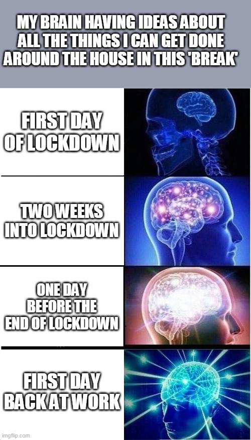 My brain thinking of all the things that I can do during lockdown | MY BRAIN HAVING IDEAS ABOUT ALL THE THINGS I CAN GET DONE AROUND THE HOUSE IN THIS 'BREAK'; FIRST DAY OF LOCKDOWN; TWO WEEKS INTO LOCKDOWN; ONE DAY BEFORE THE END OF LOCKDOWN; FIRST DAY BACK AT WORK | image tagged in memes,expanding brain,lockdown,2020,covid-19 | made w/ Imgflip meme maker
