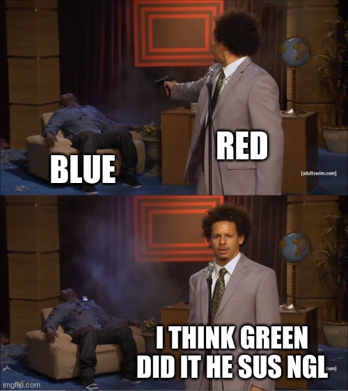 impostors be like | RED; BLUE; I THINK GREEN DID IT HE SUS NGL | image tagged in memes,who killed hannibal | made w/ Imgflip meme maker