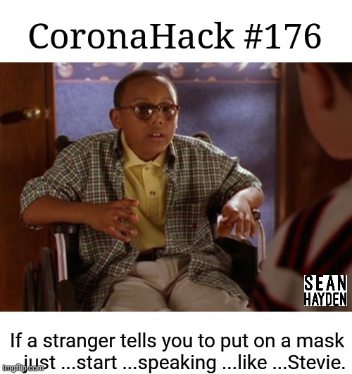 Hacks | CoronaHack #176; If a stranger tells you to put on a mask ...just ...start ...speaking ...like ...Stevie. | image tagged in stevie malcolm in the middle | made w/ Imgflip meme maker