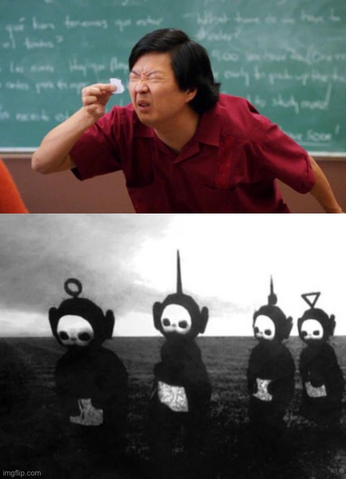 wut | image tagged in tiny piece of paper,teletubbies black and white | made w/ Imgflip meme maker