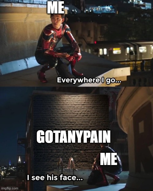 Shout out to gotanypain | ME; GOTANYPAIN; ME | image tagged in everywhere i go i see his face | made w/ Imgflip meme maker