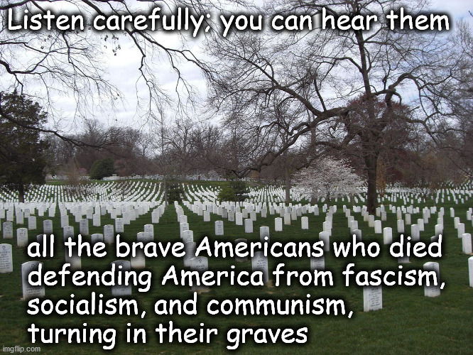 Veterans upset | Listen carefully; you can hear them; all the brave Americans who died
defending America from fascism,
socialism, and communism,
turning in their graves | image tagged in politics | made w/ Imgflip meme maker