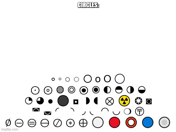 im so bored ): circles | ∘ ◦ ○ ◌ 〇 o O ◯ ⊙ ⊚ ◍ ◎ ⦿ ◉ ◐ ◓ ◑ ◒ ◔ ◕ ● ⚫ ◘ ◗ ◖ ⊗ ☢ ❂ ◙ ◚ ◛ ◜ ◝ ◞ ◟ ◠ ◡ ❍ 〶 ∅ ⊝ ⊜ ⊖ ⊘ ⊛ ⊕ ⚪ 🔴 ⭕ 🔵 🔘; CIRCLES: | image tagged in blank white template | made w/ Imgflip meme maker