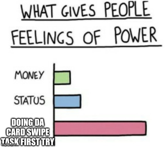 What Gives People Feelings of Power | DOING DA CARD SWIPE TASK FIRST TRY | image tagged in what gives people feelings of power | made w/ Imgflip meme maker