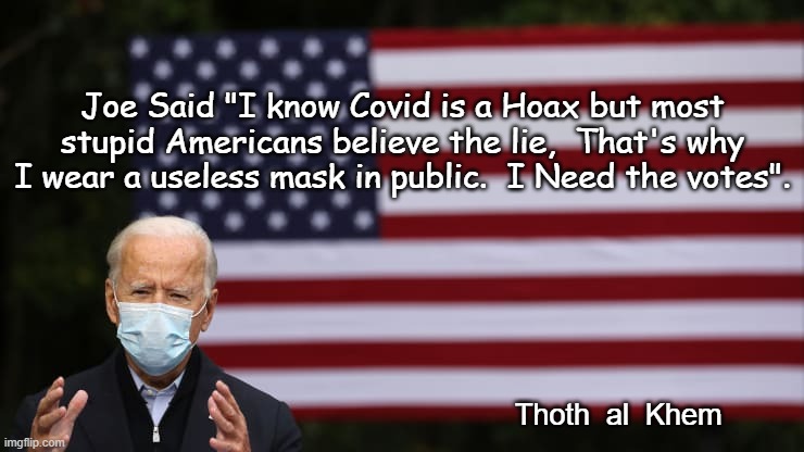 Joe Biden hates Americans | Joe Said "I know Covid is a Hoax but most stupid Americans believe the lie,  That's why I wear a useless mask in public.  I Need the votes". Thoth  al  Khem | image tagged in creepy joe biden,bidensucks,mask,masks | made w/ Imgflip meme maker