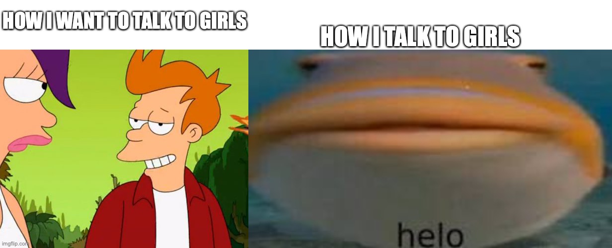how i talk to girls | HOW I TALK TO GIRLS; HOW I WANT TO TALK TO GIRLS | image tagged in memes,slick fry,helo | made w/ Imgflip meme maker