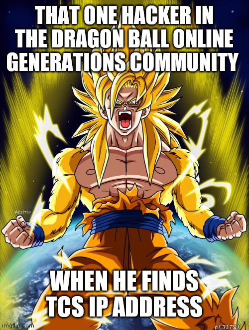 Goku | THAT ONE HACKER IN THE DRAGON BALL ONLINE GENERATIONS COMMUNITY; WHEN HE FINDS TCS IP ADDRESS | image tagged in goku | made w/ Imgflip meme maker