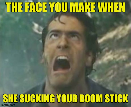 Agony Ash - Evil Dead | THE FACE YOU MAKE WHEN; SHE SUCKING YOUR BOOM STICK | image tagged in agony ash - evil dead | made w/ Imgflip meme maker