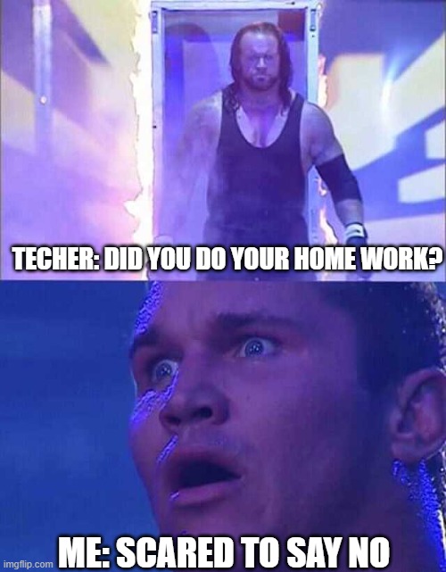 Randy Orton, Undertaker | TECHER: DID YOU DO YOUR HOME WORK? ME: SCARED TO SAY NO | image tagged in randy orton undertaker | made w/ Imgflip meme maker