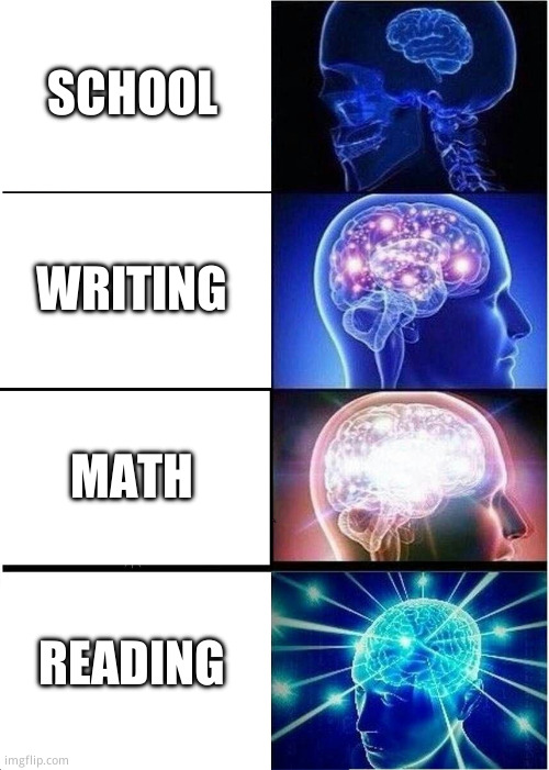 Subjects in school | SCHOOL; WRITING; MATH; READING | image tagged in memes,expanding brain | made w/ Imgflip meme maker