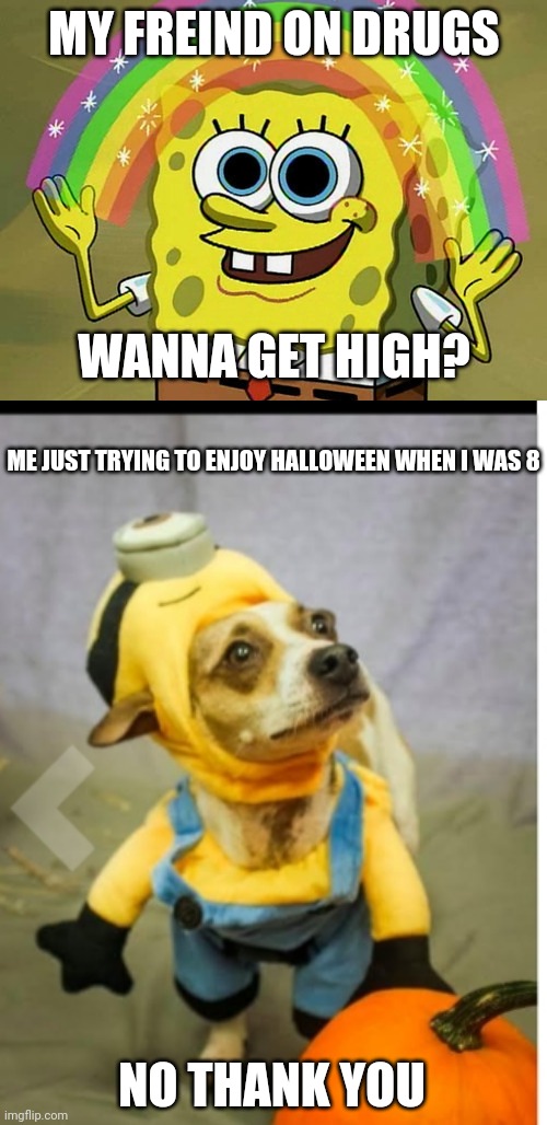 MY FREIND ON DRUGS; WANNA GET HIGH? ME JUST TRYING TO ENJOY HALLOWEEN WHEN I WAS 8; NO THANK YOU | image tagged in memes,imagination spongebob | made w/ Imgflip meme maker