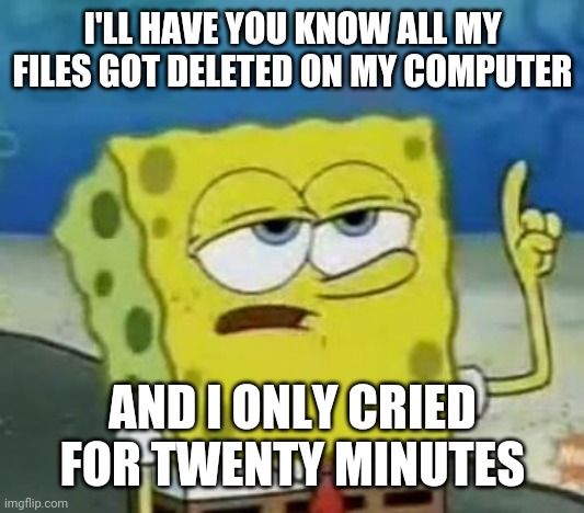 The struggle is real | I'LL HAVE YOU KNOW ALL MY FILES GOT DELETED ON MY COMPUTER; AND I ONLY CRIED FOR TWENTY MINUTES | image tagged in memes,i'll have you know spongebob,computers,computer malfunction,blue screen of death | made w/ Imgflip meme maker