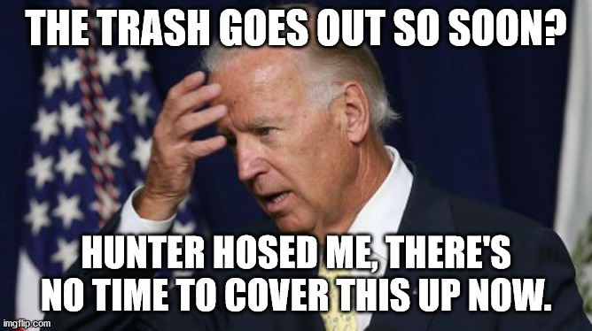 Joe Biden worries | THE TRASH GOES OUT SO SOON? HUNTER HOSED ME, THERE'S NO TIME TO COVER THIS UP NOW. | image tagged in joe biden worries | made w/ Imgflip meme maker