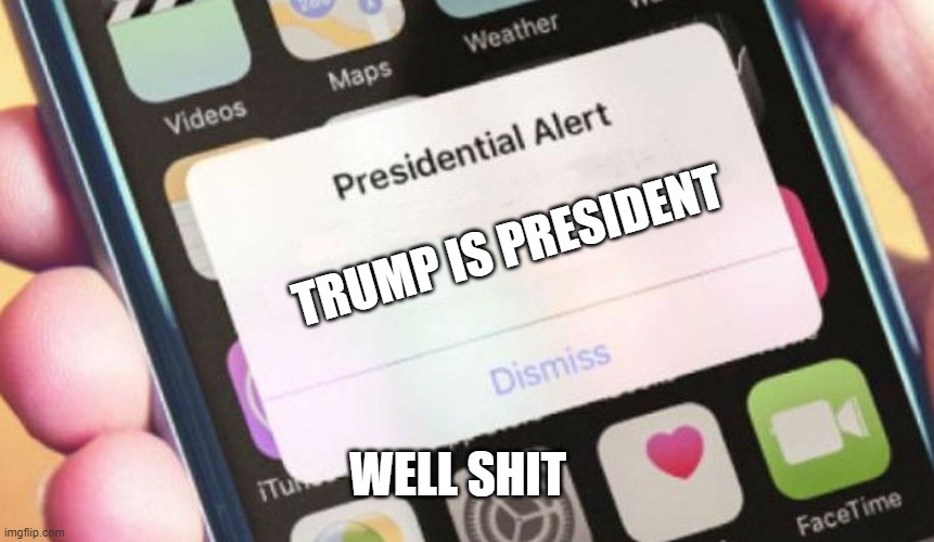 Well Shit | TRUMP IS PRESIDENT; WELL SHIT | image tagged in memes,presidential alert,haha funny,trump,joke,shit | made w/ Imgflip meme maker