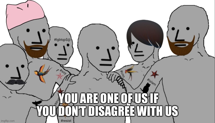 One of Us | YOU ARE ONE OF US IF YOU DON’T DISAGREE WITH US | image tagged in npc | made w/ Imgflip meme maker