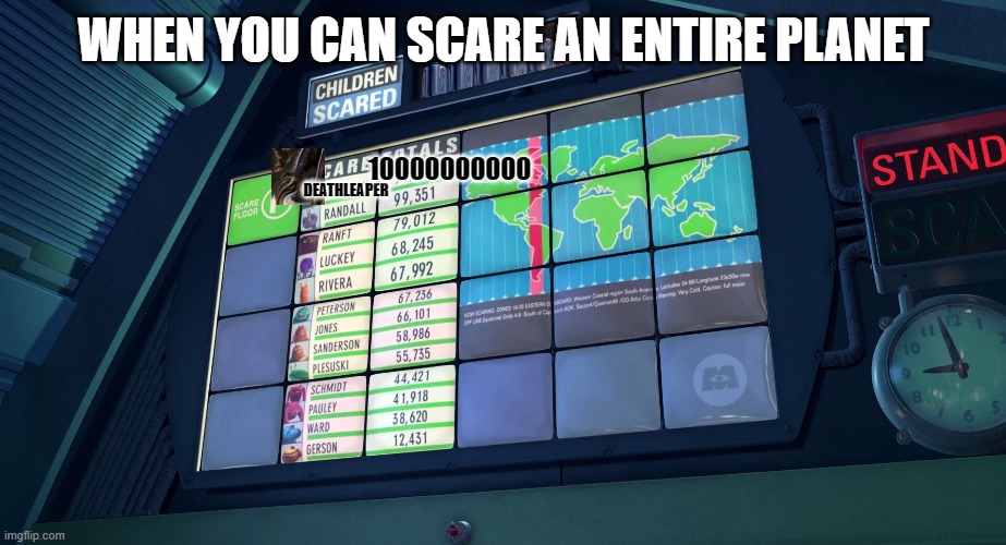 New Record | WHEN YOU CAN SCARE AN ENTIRE PLANET; 10000000000; DEATHLEAPER | image tagged in tyranid,warhammer40k,monsters inc | made w/ Imgflip meme maker