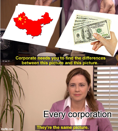 Totally worth the consentration camps | Every corporation | image tagged in they're the same picture,corporate greed,made in china,tyranny,uyghur | made w/ Imgflip meme maker