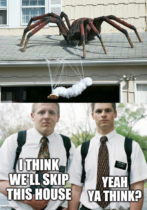 GREAT FOR KEEPING THE MORMONS AWAY! OH AND HALLOWEEN. | YEAH YA THINK? I THINK WE'LL SKIP THIS HOUSE | image tagged in halloween,spider,mormons,spooktober | made w/ Imgflip meme maker