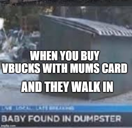 Baby Found In Dumpster | WHEN YOU BUY VBUCKS WITH MUMS CARD; AND THEY WALK IN | image tagged in dumpster,meme | made w/ Imgflip meme maker