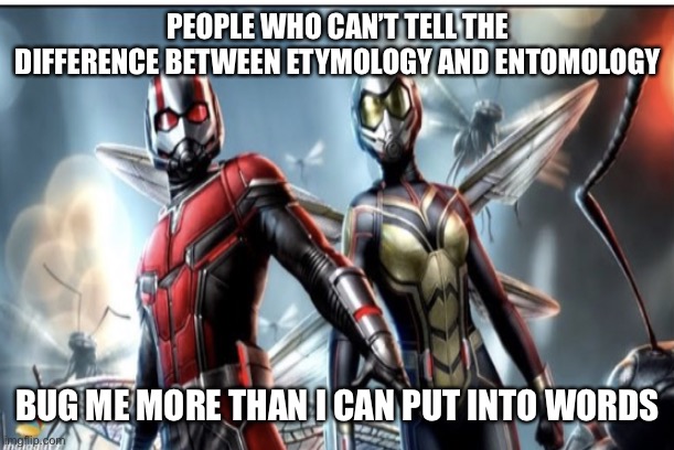 Antman | PEOPLE WHO CAN’T TELL THE DIFFERENCE BETWEEN ETYMOLOGY AND ENTOMOLOGY; BUG ME MORE THAN I CAN PUT INTO WORDS | image tagged in ant man and the wasp | made w/ Imgflip meme maker