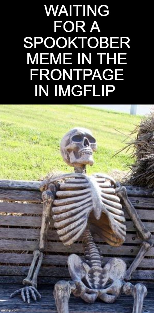 WHERE THE F ARE THE SPOOKTOBER MEMES | WAITING FOR A SPOOKTOBER MEME IN THE FRONTPAGE IN IMGFLIP | image tagged in memes,waiting skeleton,spooktober,spooky,spooky scary skeleton | made w/ Imgflip meme maker