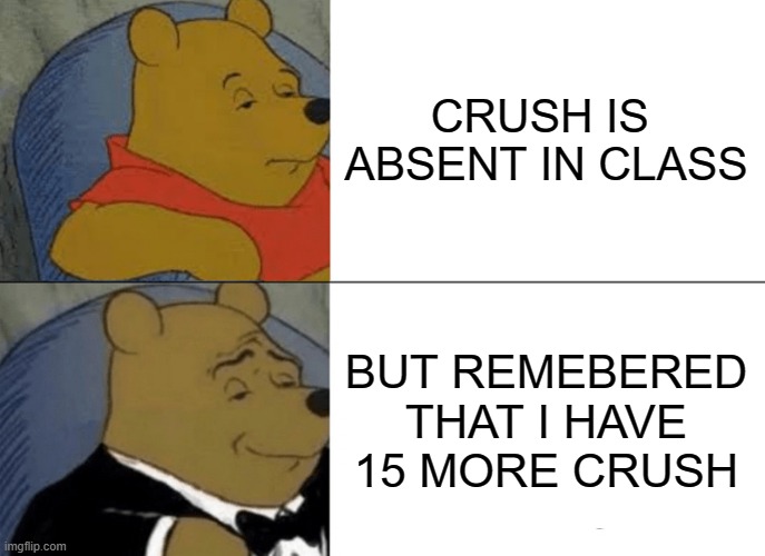 Tuxedo Winnie The Pooh Meme | CRUSH IS  ABSENT IN CLASS; BUT REMEBERED THAT I HAVE 15 MORE CRUSH | image tagged in memes,tuxedo winnie the pooh | made w/ Imgflip meme maker