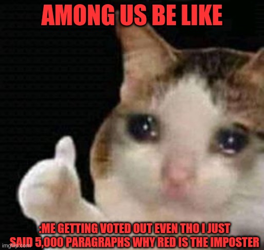sad thumbs up cat | AMONG US BE LIKE; :ME GETTING VOTED OUT EVEN THO I JUST SAID 5,000 PARAGRAPHS WHY RED IS THE IMPOSTER | image tagged in sad thumbs up cat | made w/ Imgflip meme maker