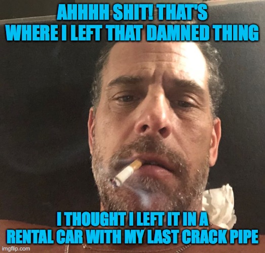 Hunter has a moment of realization. | AHHHH SHIT! THAT'S WHERE I LEFT THAT DAMNED THING; I THOUGHT I LEFT IT IN A RENTAL CAR WITH MY LAST CRACK PIPE | image tagged in hunter biden | made w/ Imgflip meme maker