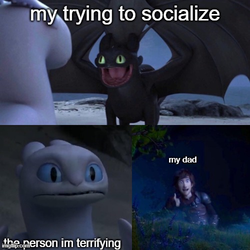 wAnT tO pLaY | my trying to socialize; my dad; the person im terrifying | image tagged in toothless thumbs up | made w/ Imgflip meme maker