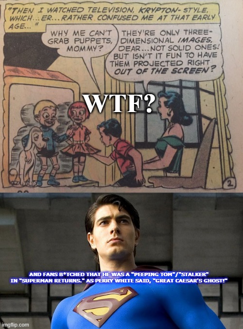 Superman Returns Meme | WTF? AND FANS B*TCHED THAT HE WAS A "PEEPING TOM"/"STALKER" IN "SUPERMAN RETURNS." AS PERRY WHITE SAID, "GREAT CAESAR'S GHOST!" | image tagged in superman | made w/ Imgflip meme maker