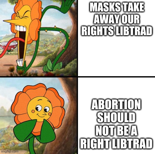 the freedom loving magas lied to you yet again | MASKS TAKE AWAY OUR RIGHTS LIBTRAD; ABORTION SHOULD NOT BE A RIGHT LIBTRAD | image tagged in angry flower | made w/ Imgflip meme maker