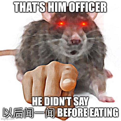 RatPointing Alternate | THAT’S HIM OFFICER; HE DIDN’T SAY 以后闻一闻 BEFORE EATING | image tagged in ratpointing alternate | made w/ Imgflip meme maker