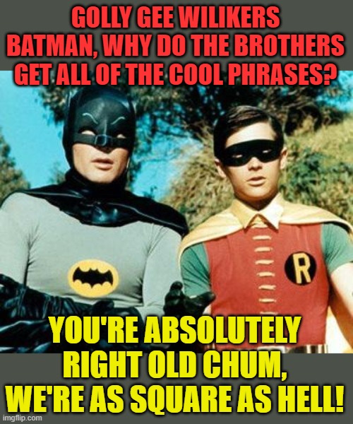 Batman and Robin | GOLLY GEE WILIKERS BATMAN, WHY DO THE BROTHERS GET ALL OF THE COOL PHRASES? YOU'RE ABSOLUTELY RIGHT OLD CHUM, WE'RE AS SQUARE AS HELL! | image tagged in batman and robin | made w/ Imgflip meme maker
