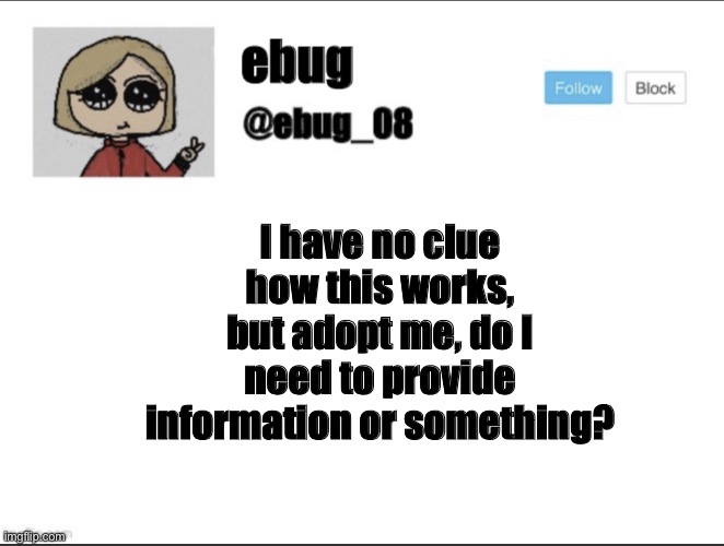 I have no clue how this works, but adopt me, do I need to provide information or something? | image tagged in ebug_08 update | made w/ Imgflip meme maker