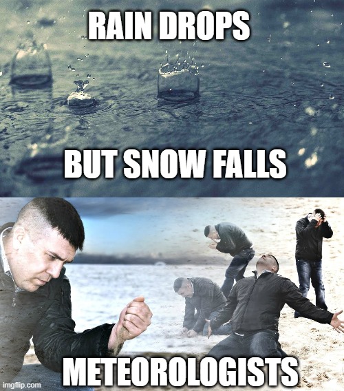 RAIN DROPS; BUT SNOW FALLS; METEOROLOGISTS | image tagged in memes | made w/ Imgflip meme maker