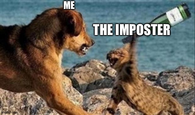 OH NOOooOo | ME; THE IMPOSTER | image tagged in cat vs dog,among us imposter,among us | made w/ Imgflip meme maker