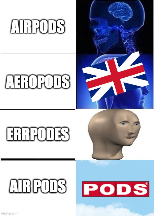 Expanding Brain | AIRPODS; AEROPODS; ERRPODES; AIR PODS | image tagged in memes,expanding brain | made w/ Imgflip meme maker