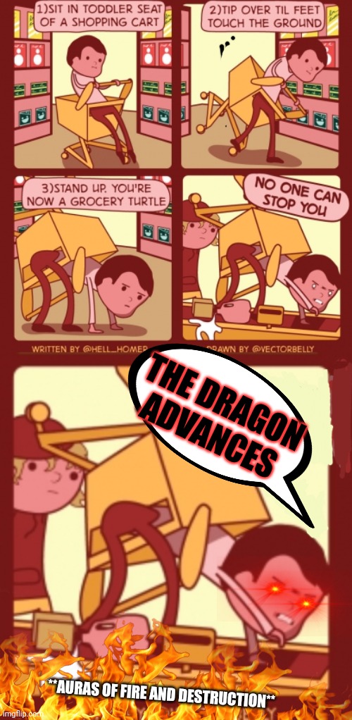 THE GROCERY DRAGON ADVANCES | THE DRAGON ADVANCES; **AURAS OF FIRE AND DESTRUCTION** | image tagged in litrpg,will wright,cradle,orthos,turtle,fantasy | made w/ Imgflip meme maker